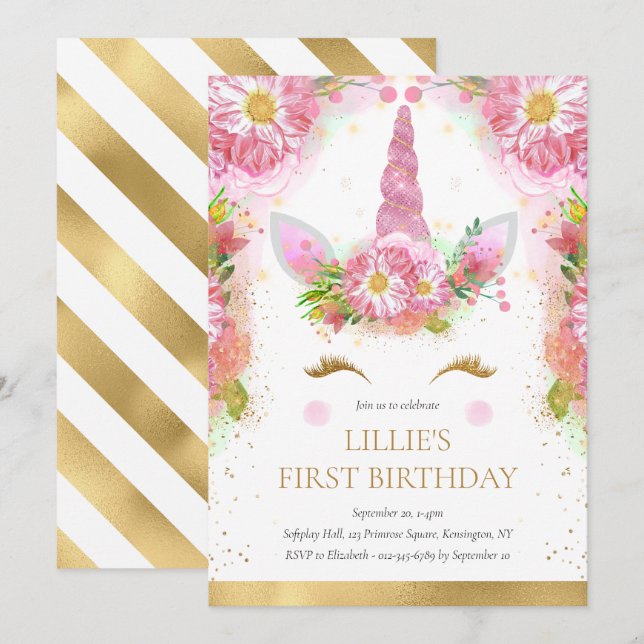 Invitation Unicorn 1er anniversaire Pink Gold Parties scintil (Devant / Derrière)
