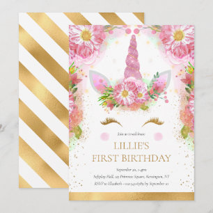 Invitation Unicorn 1er anniversaire Pink Gold Parties scintil