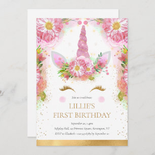 Invitation Unicorn 1er anniversaire Pink Gold Parties scintil