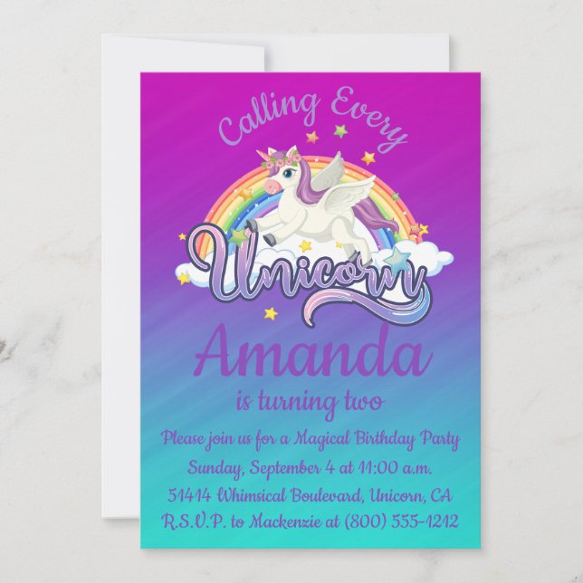 Invitation Unicorn 2e anniversaire Magique Whimiscal Invitati (Devant)