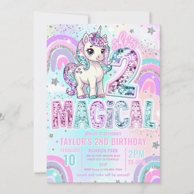 Invitation Unicorn 2nd Birthday Two Magical Rainbow Glitter (Devant)