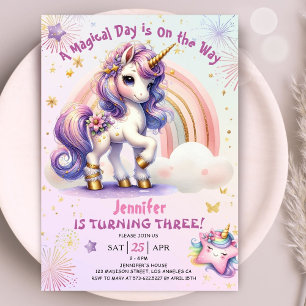 Invitation Unicorn 3ème anniversaire fille violet or arc-en-c