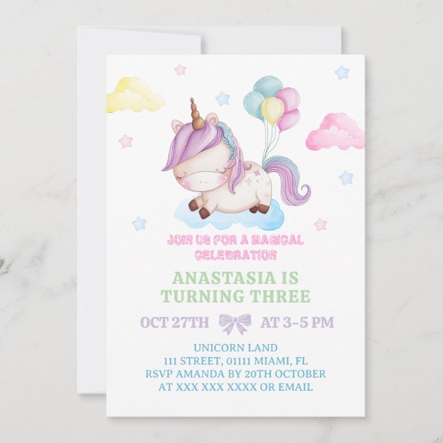 Invitation Unicorn 3ème anniversaire Magique Party (Devant)