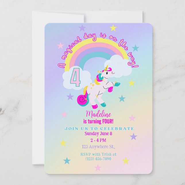 Invitation Unicorn 4 Anniversaire personnalisable (Devant)