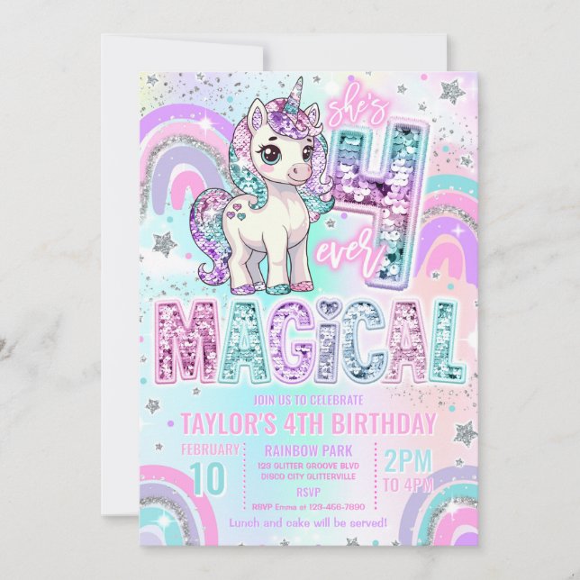 Invitation Unicorn 4th Birthday Four Ever Magical Rainbow  (Devant)