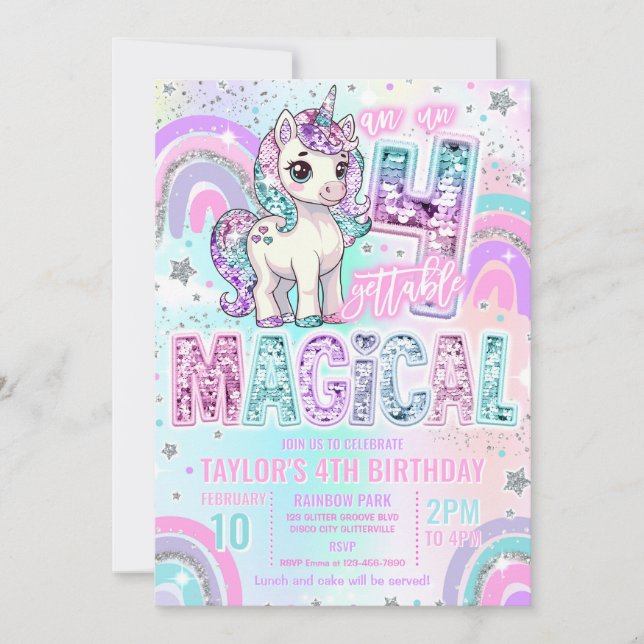Invitation Unicorn 4th Birthday Un-fourgettable Magical (Devant)
