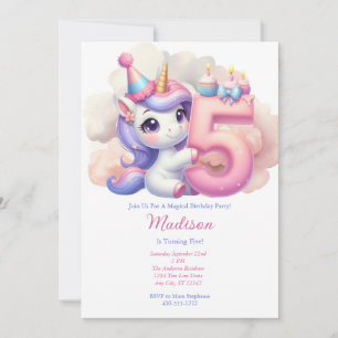 Invitation Unicorn 5e Anniversaire de la fille rose bleu pour