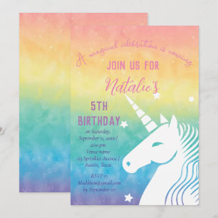 Invitation Unicorn 5e anniversaire fille rose magique cinquiè