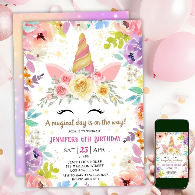 Invitation Unicorn 6e anniversaire coloré Floral arc-en-ciel (#UnicornBirthdayInvitation #UnicornBirthdayInvitationTemplate #UnicornBirthdayInvitationEditable)