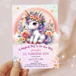 Invitation Unicorn 6e anniversaire fille rose floral arc-en-c