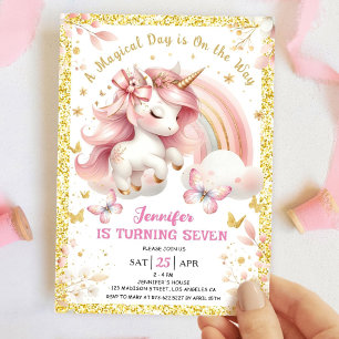 Invitation Unicorn 7e fête d'anniversaire fille Blush rose & 