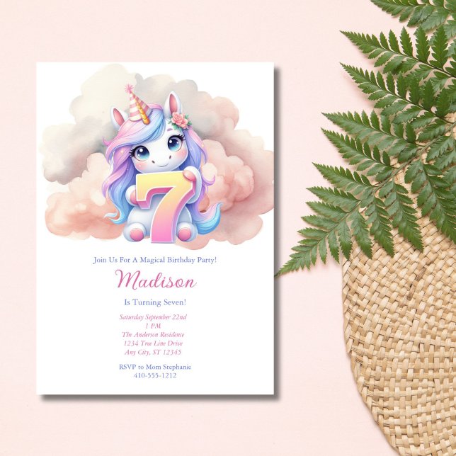 Invitation Unicorn 7ème Sept Rose Bleu Violet Fille Anniversa (Girls Unicorn 7th Birthday invitation. Printed or Digital Download. Watercolor Pink Blue Purple)