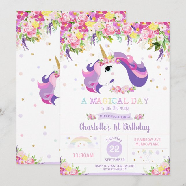 Invitation Unicorn Anniversaire fête Floral Whimsical Girl (Devant / Derrière)