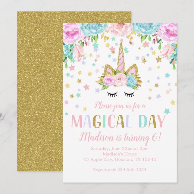 Invitation Unicorn Anniversaire fête Gold Parties scintillant (Devant / Derrière)