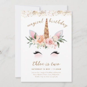 Invitation Unicorn Anniversaire Invitation, Floral Pink Gold