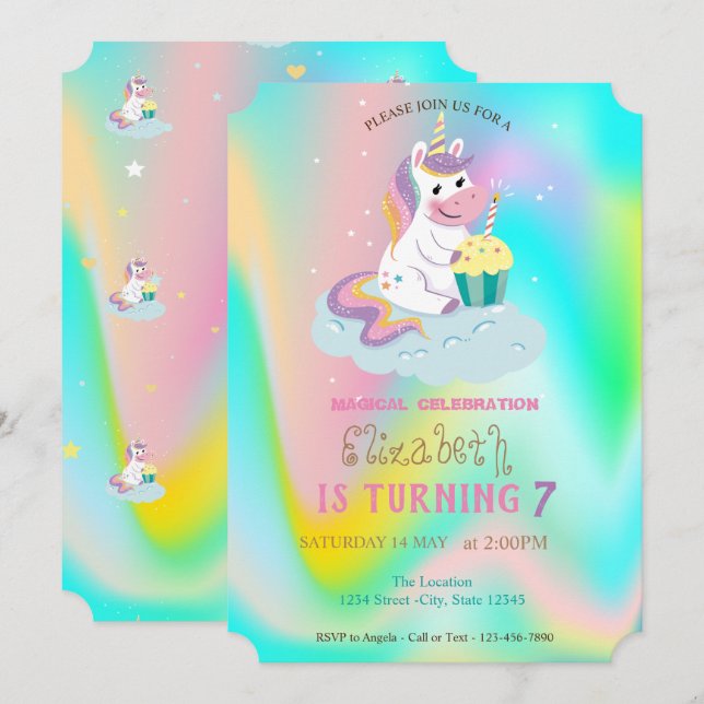 Invitation Unicorn Arc-en-ciel Holographique Anniversaire mag (Devant / Derrière)