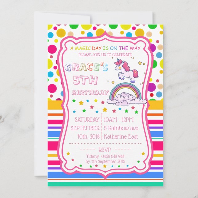 Invitation Unicorn Arc en ciel Magique Anniversaire Personnal (Devant)