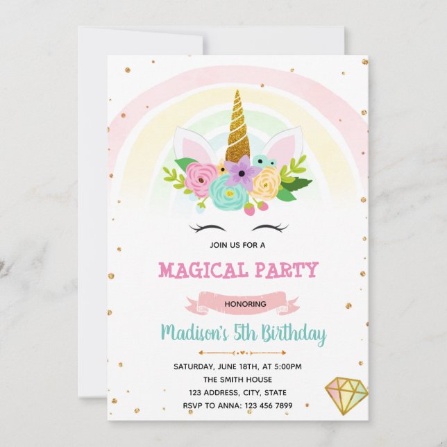 Invitation Unicorn arc-en-ciel magique douche anniversaire (Devant)