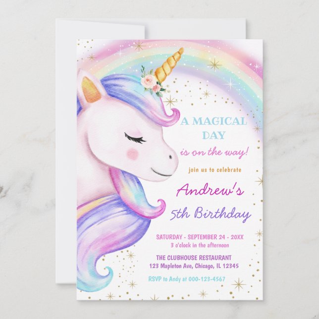 Invitation Unicorn arc-en-ciel magique fête d'anniversaire fi (Devant)