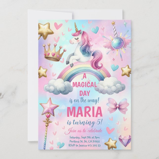 Invitation Unicorn Arc en ciel Magique jour Anniversaire Fête (Devant)