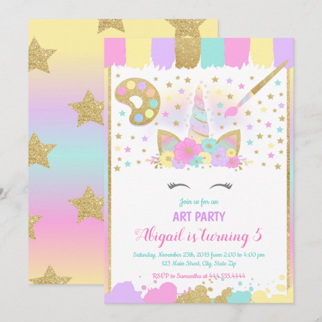 Invitation Unicorn Art Party Anniversaire Invitation, Unicorn (Devant / Derrière)
