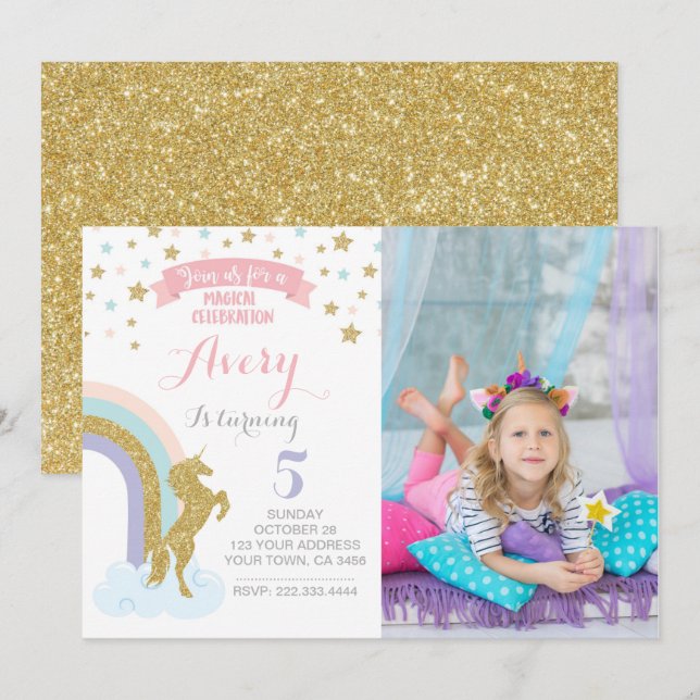 Invitation Unicorn avec photo (Devant / Derrière)