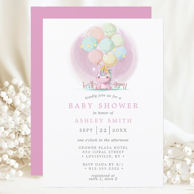 Invitation Unicorn Ballons rose Aquarelle Baby shower fille (Créateur téléchargé)
