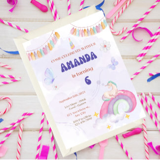 Invitation Unicorn Birthday Party, Rainbow & Clouds for Kids