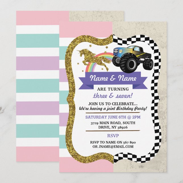 Invitation Unicorn & Camion Joint Boy Girl Birthday Invitatio (Devant / Derrière)