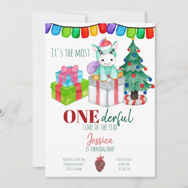 Invitation Unicorn cerf Onederful Noël Anniversaire (Devant)