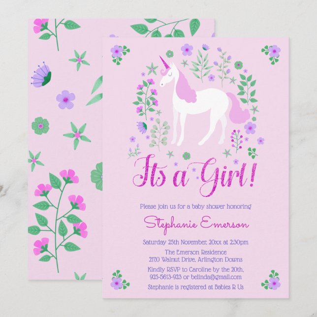 Invitation Unicorn C'Est Une Fille Rose Baby shower Invitatio (Devant / Derrière)