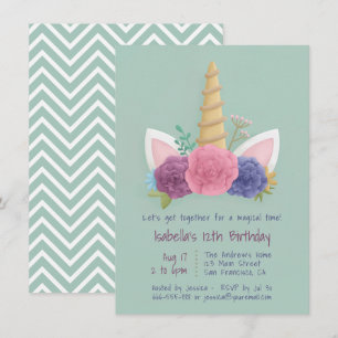 Invitation Unicorn Corn Printemps Floral Girls Anniversaire f