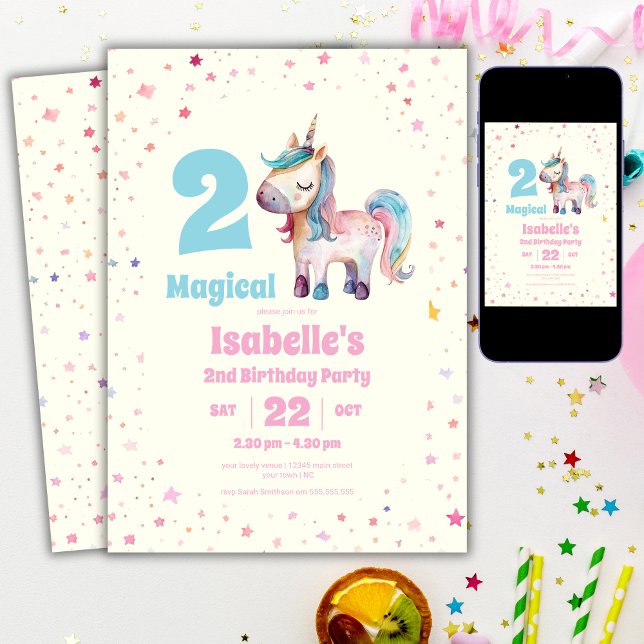 Invitation Unicorn Deux Magiques 2e Anniversaire Fête Invitat (Créateur téléchargé)