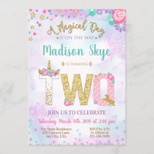 Invitation Unicorn Deuxième anniversaire Magique Jour Invitat