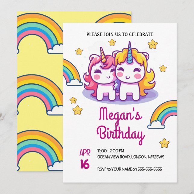 Invitation Unicorn Enfants mignonne fête Anniversaire (Devant / Derrière)