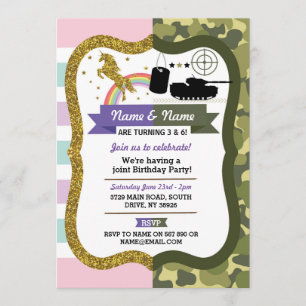 Invitation Unicorn et armée Joint Boy Girl Anniversaire Milit