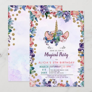 Invitation Unicorn Face Parties scintillant Floral Anniversai