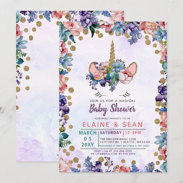 Invitation Unicorn Face Parties scintillant Floral Girl Baby  (Devant / Derrière)