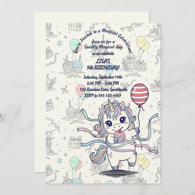 Invitation Unicorn Fête magique Anniversaire (Devant / Derrière)