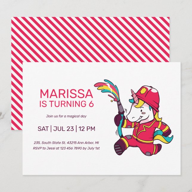 Invitation Unicorn Firefighter Anniversaire de enfant de dess (Devant / Derrière)