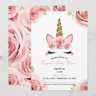 Invitation Unicorn Fleurs Roses Roses Paillettes Dorées Baby 