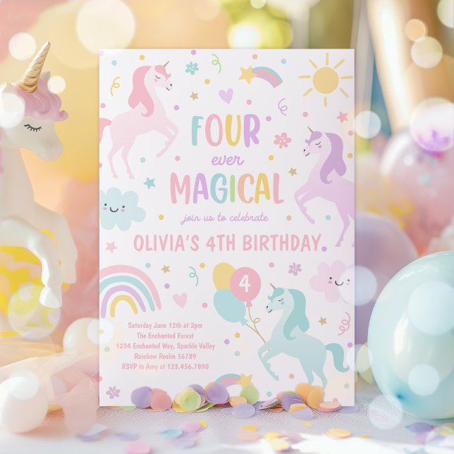 Invitation Unicorn Four Ever Magique 4ème fête Anniversaire (Créateur téléchargé)