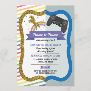 Invitation Unicorn & Gaming Joint Boy girl Birthday Invitatio