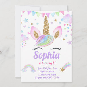Invitation Unicorn Girl Magique Pastel Rainbow rose Anniversa
