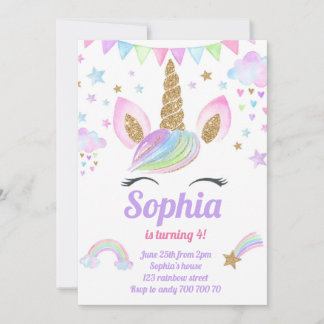 Invitation Unicorn Girl Magique Pastel Rainbow rose Anniversa