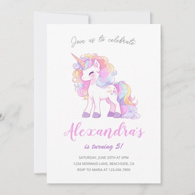Invitation Unicorn Girl Magique Pastel rose fête d'anniversai (Devant)