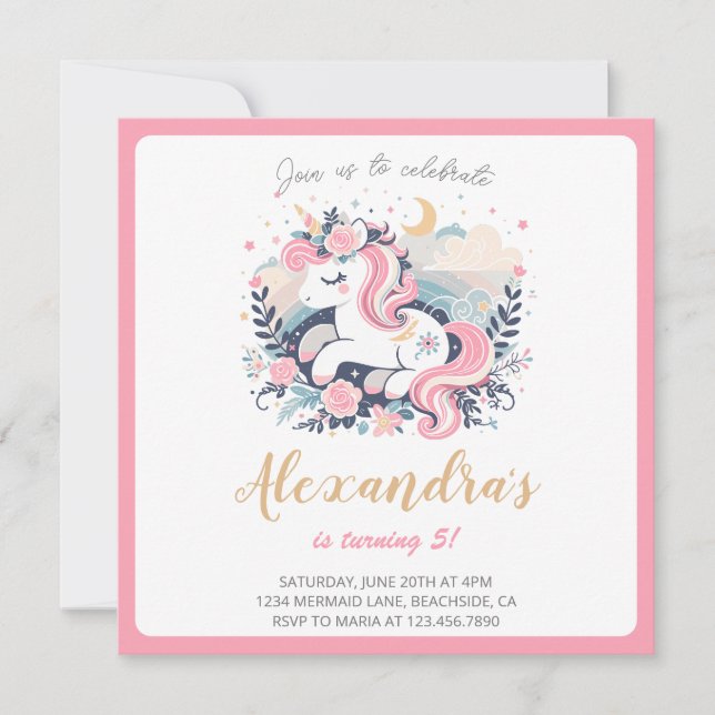Invitation Unicorn Girl Magique Pastel rose fête d'anniversai (Devant)