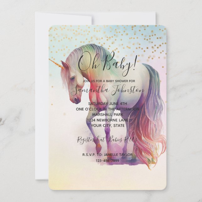 Invitation Unicorn Gold Confetti Baby shower d'étincelles (Devant)