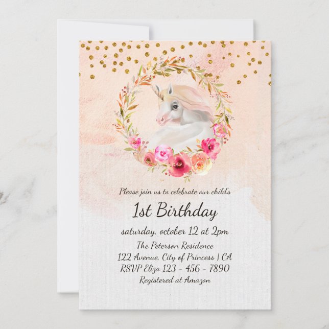Invitation Unicorn Gold Parties scintillant rose bébé fille p (Devant)