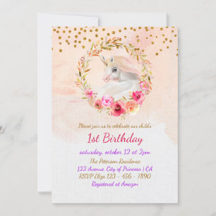 Invitation Unicorn Gold Parties scintillant rose bébé fille p